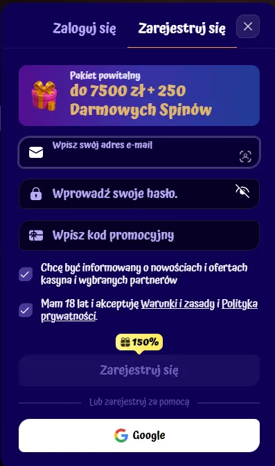 Rejestracja konta w Spingranny casino